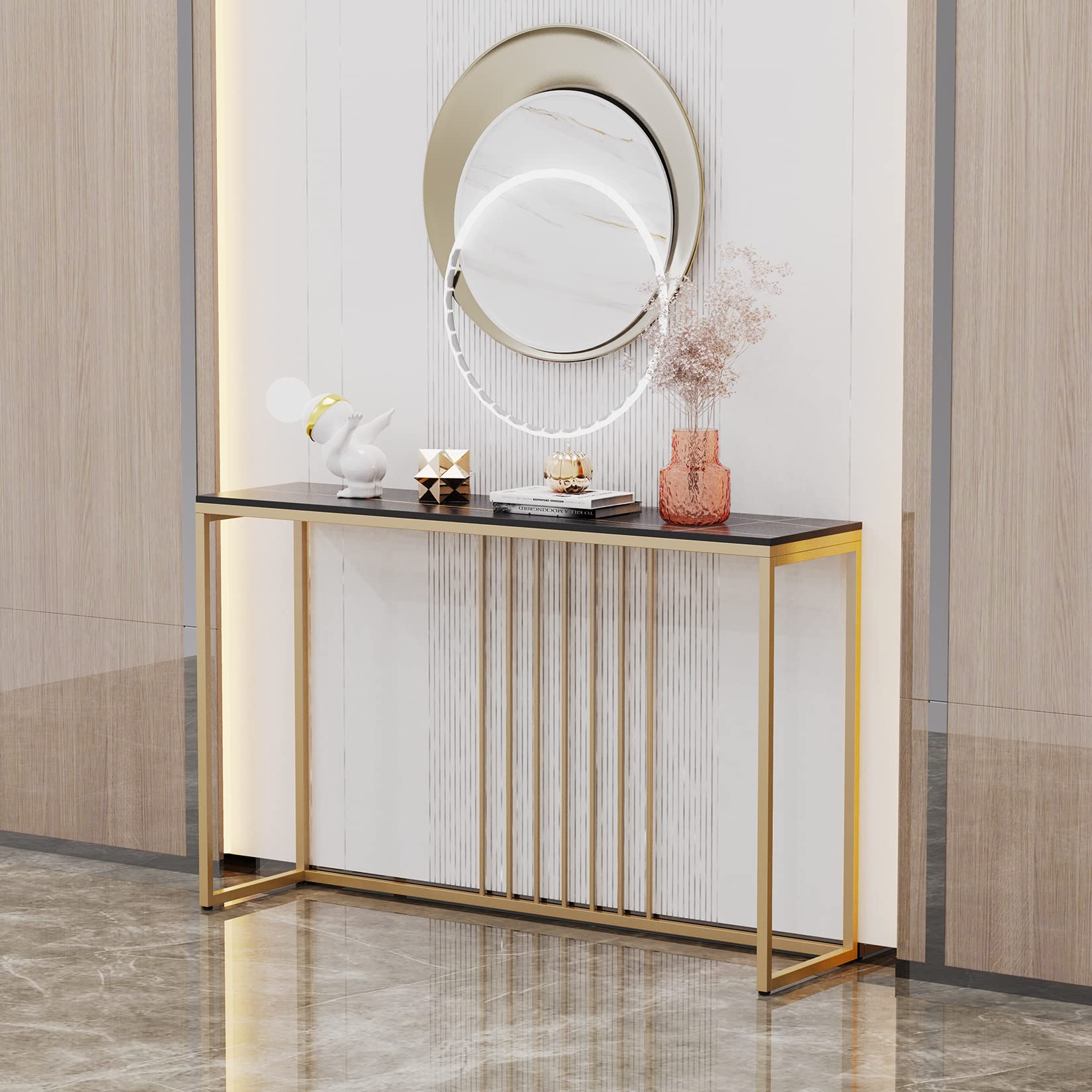 WisforSintered Stone Entryway Console Table: Black Marble Tabletop Long Table with Golden Frame - Narrow Side Table Behind Sofa for Hallway Foyer, 47x12x31 inch
