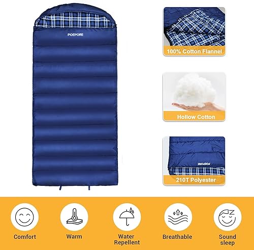 Vista 4 de Saco de Dormir de 0 Grados 100% Algodón Franela XXL para Clima Frío Invernal, Saco de Dormir Sobredimensionado para Adultos, para Acampar, de 0