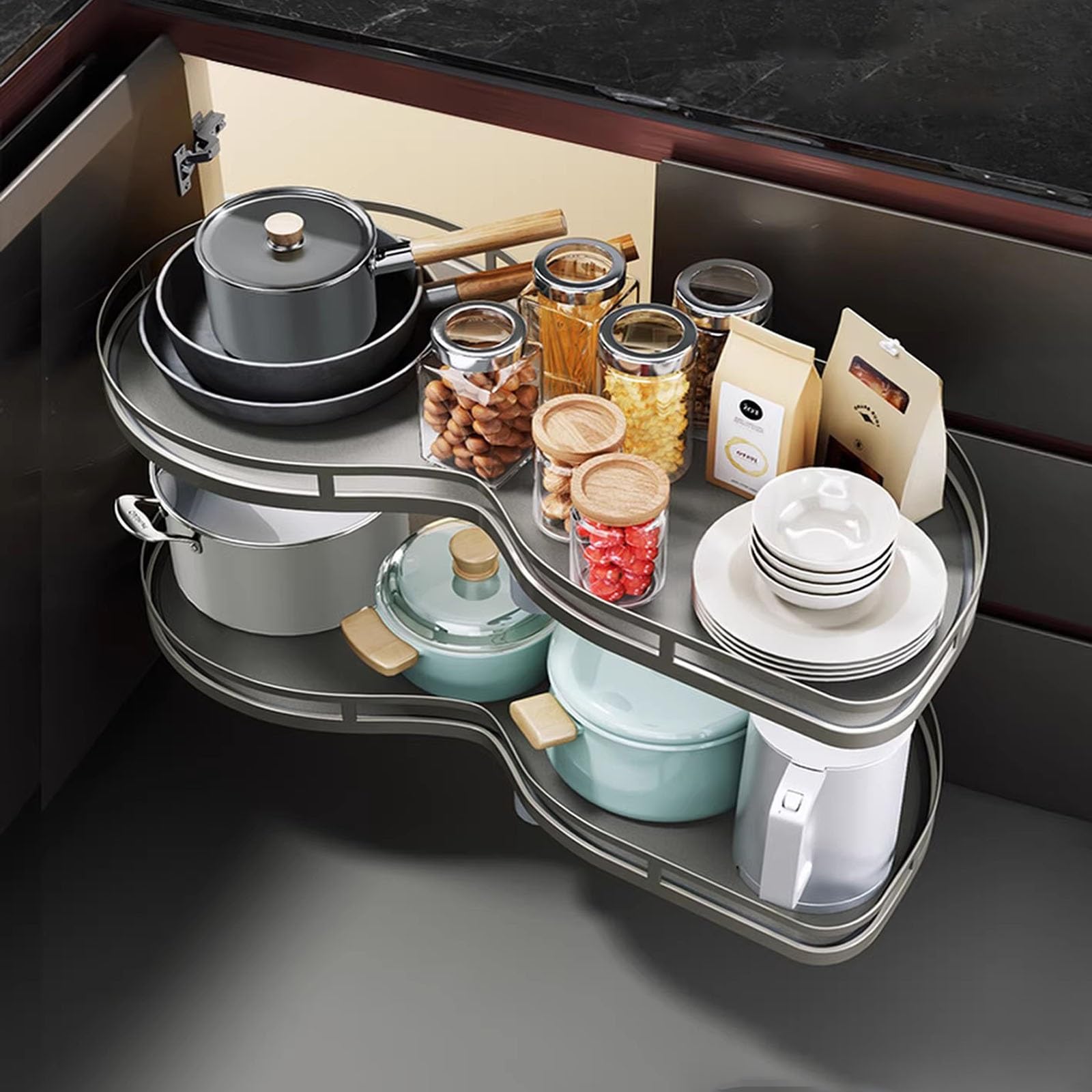Lazy Susan d'angle coulissant à 2 niveaux pour armoires de cuisine Étagère peu encombrante pour coin oscillant gauche et droit (800 balançoires droites)