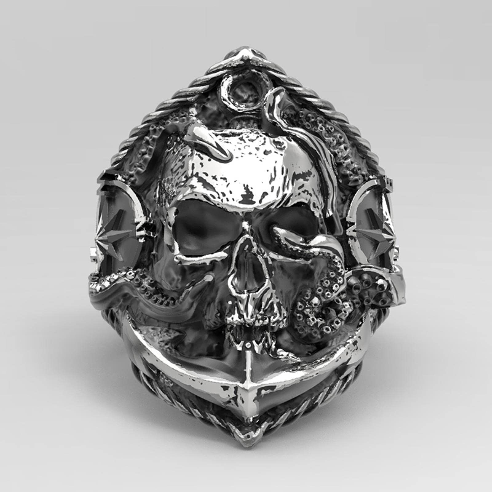 DAOMEI Gothic Men's Pirate Skull Ring - Unique Pirate Octopus Anchor Adsorption Compass - Male Punk Skull Biker Ring - Black