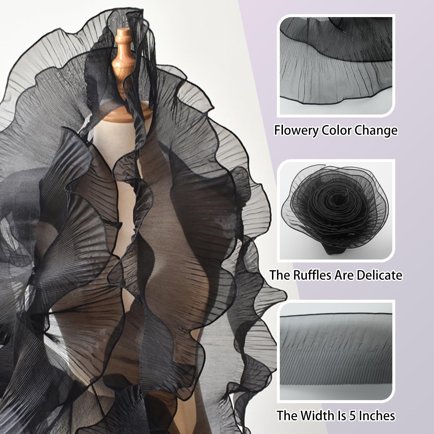 5 Yards Black Ruffle Ribbon Pleated Chiffon Trim Dress Wedding Decoration Craft Sewing (Black), 5 inches - Image 2
