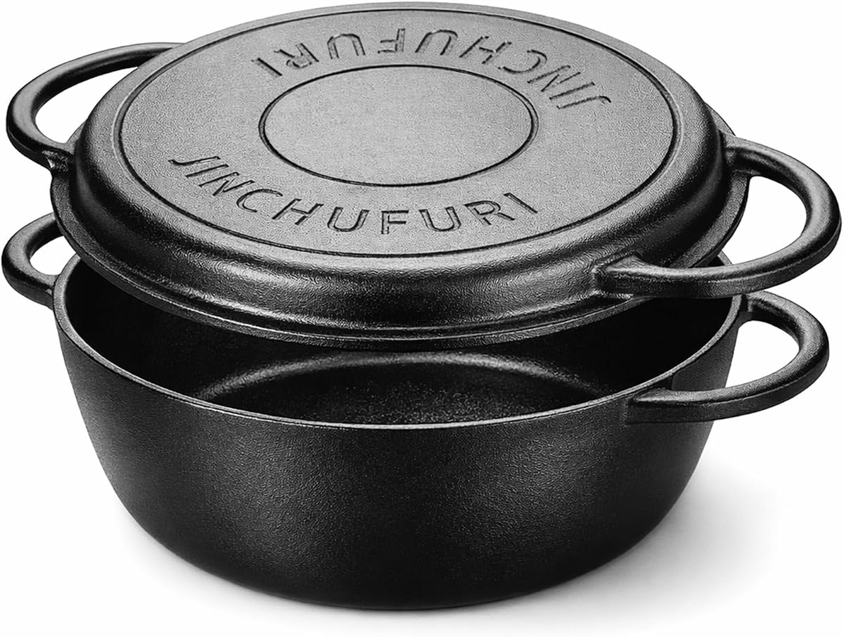 3.5QT Cast Iron Dutch Oven with Skillet Lid, 2-in-1 Cookware Set | Pre-Seasoned 2-in-1 Dutch Oven and Skillet Set for Bread Baking, Camping, Stovetop, Grill, Oven and Campfire