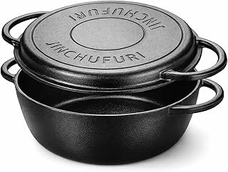 Cast Iron Dutch Oven With Skillet Lid - JINCHUFURI, 2-in-1 Pre-Seasoned Heavy Duty Cookware Set for Bread Baking, Frying, Camping, BBQ, Oven, Grill & Stovetop, 3.5QT