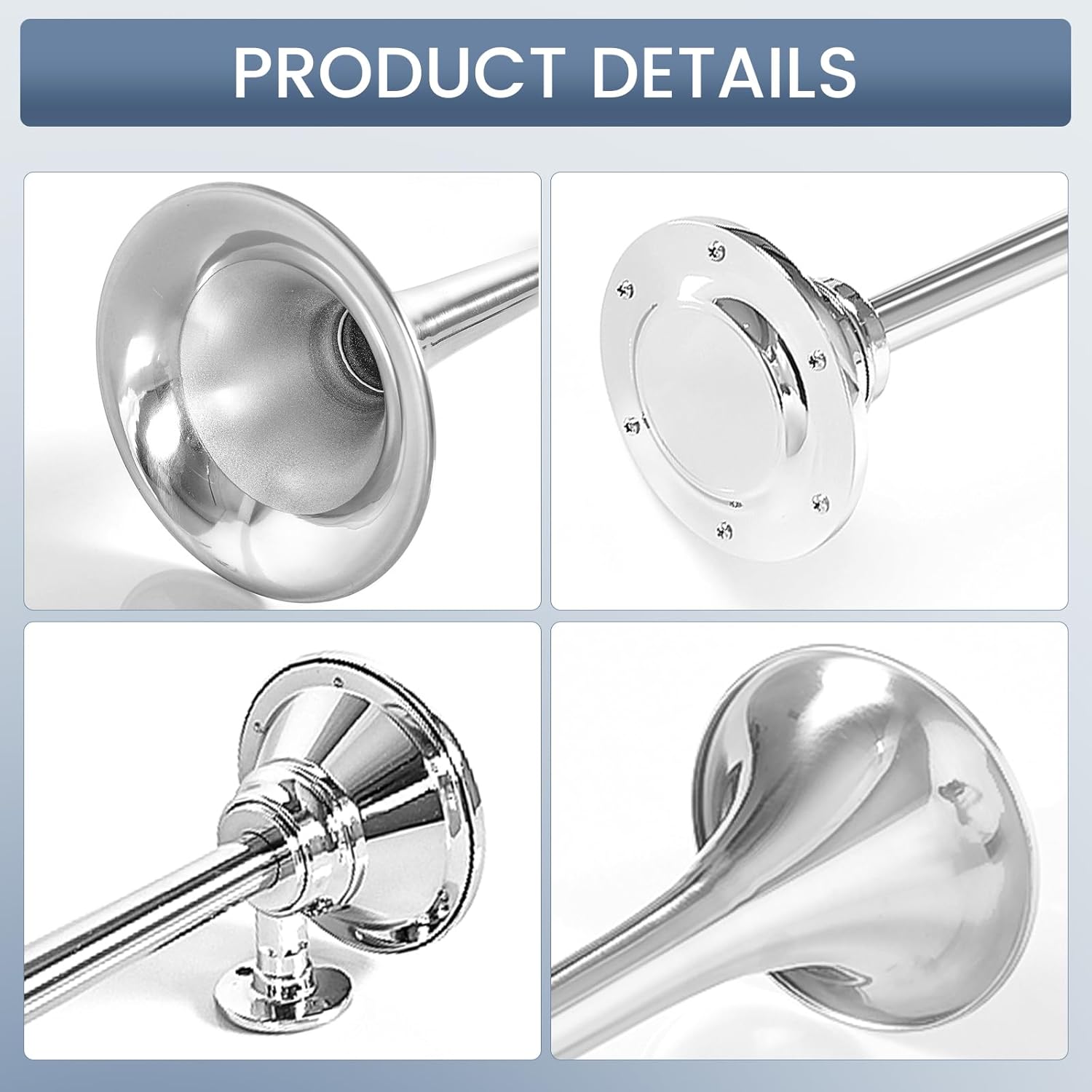 HIGHSOAR 12v Truck Air Horn 150DB Waterproof Chrome Plated Single Trumpet Horns Kit universal for Car Train Boat,25.1 inch