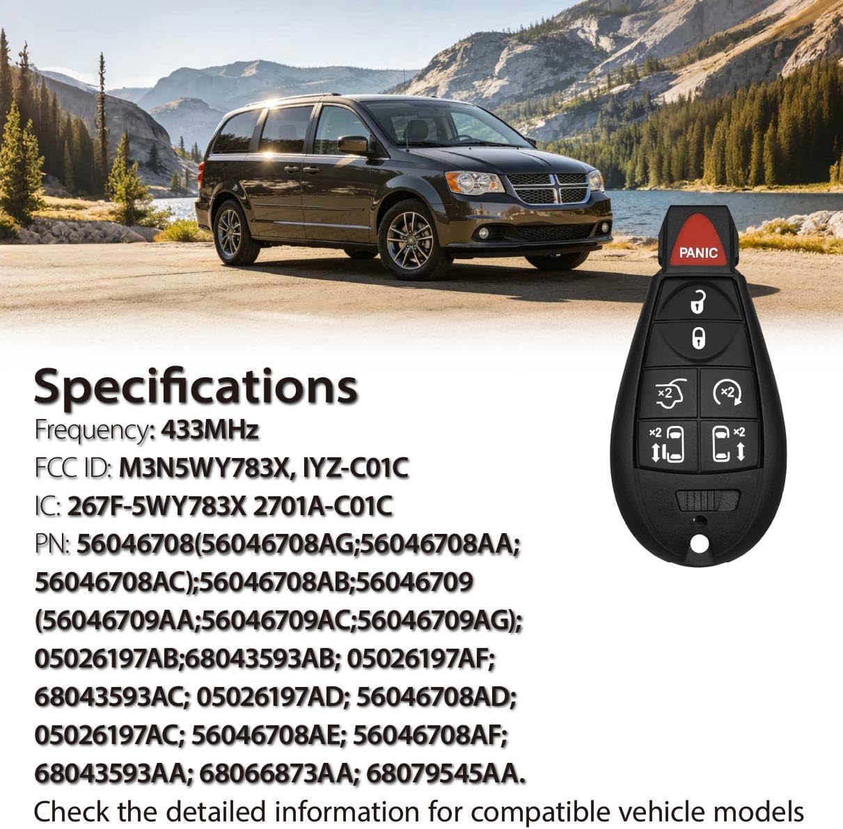 Key Fob Replacement for 2006 - 2018 Chrysler 300 Dodge Caravan Volkswagen Jeep M3N5WY783X 433MHz 7 Buttons (Set of 2)