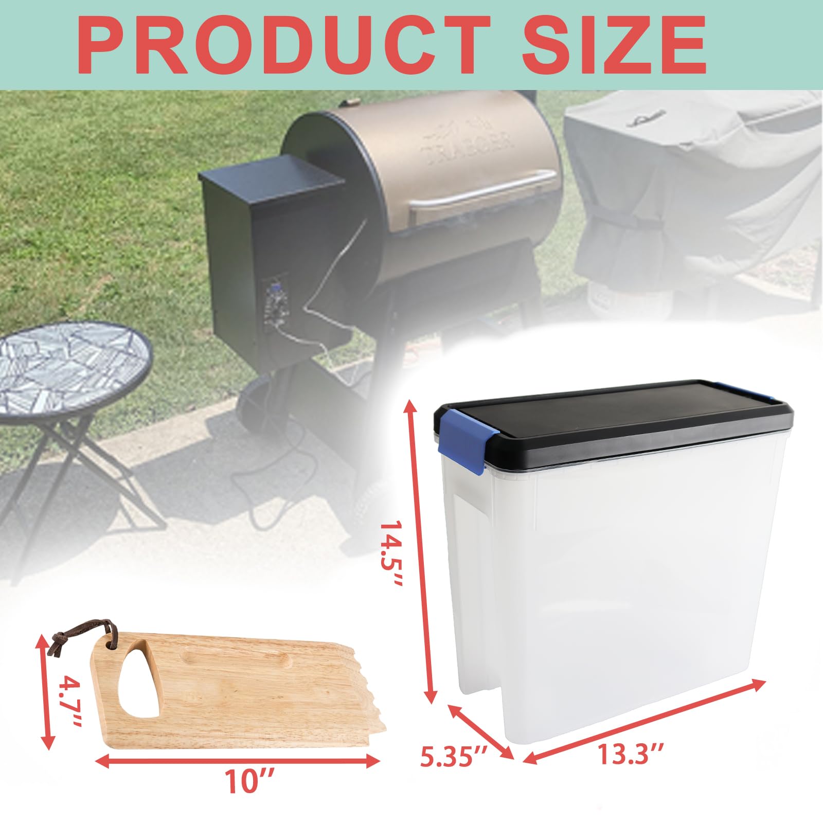 WEBROIL Plastic Wood Pellet Storage Containers for Traeger BAC637 & BAC454 Bristle-Free Grill Scraper,Multi-functional Charcoal/Cat food/Dog Food/Keep Dry Clear 22lb Capacity Bucket with Locking Lid