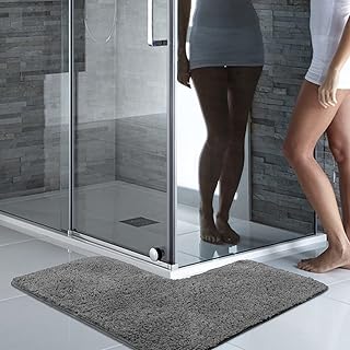 Shaggy Bathroom Rug, L-Shaped Dark Grey Bath Mat, Non Slip Corner Shower Mat, Water Absorbent Soft Bath Rug, Fluffy Washable Rug Carpet for Square Shower, Tub, Bath Room