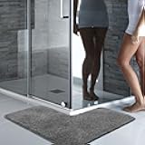 Seavish Shaggy Bathroom Rug, L-Shaped Dark Grey Bath Mat, Non Slip Corner Shower Mat, Water Absorbent Soft Bath Rug, Fluffy Washable Rug Carpet for Square Shower, Tub, Bath Room