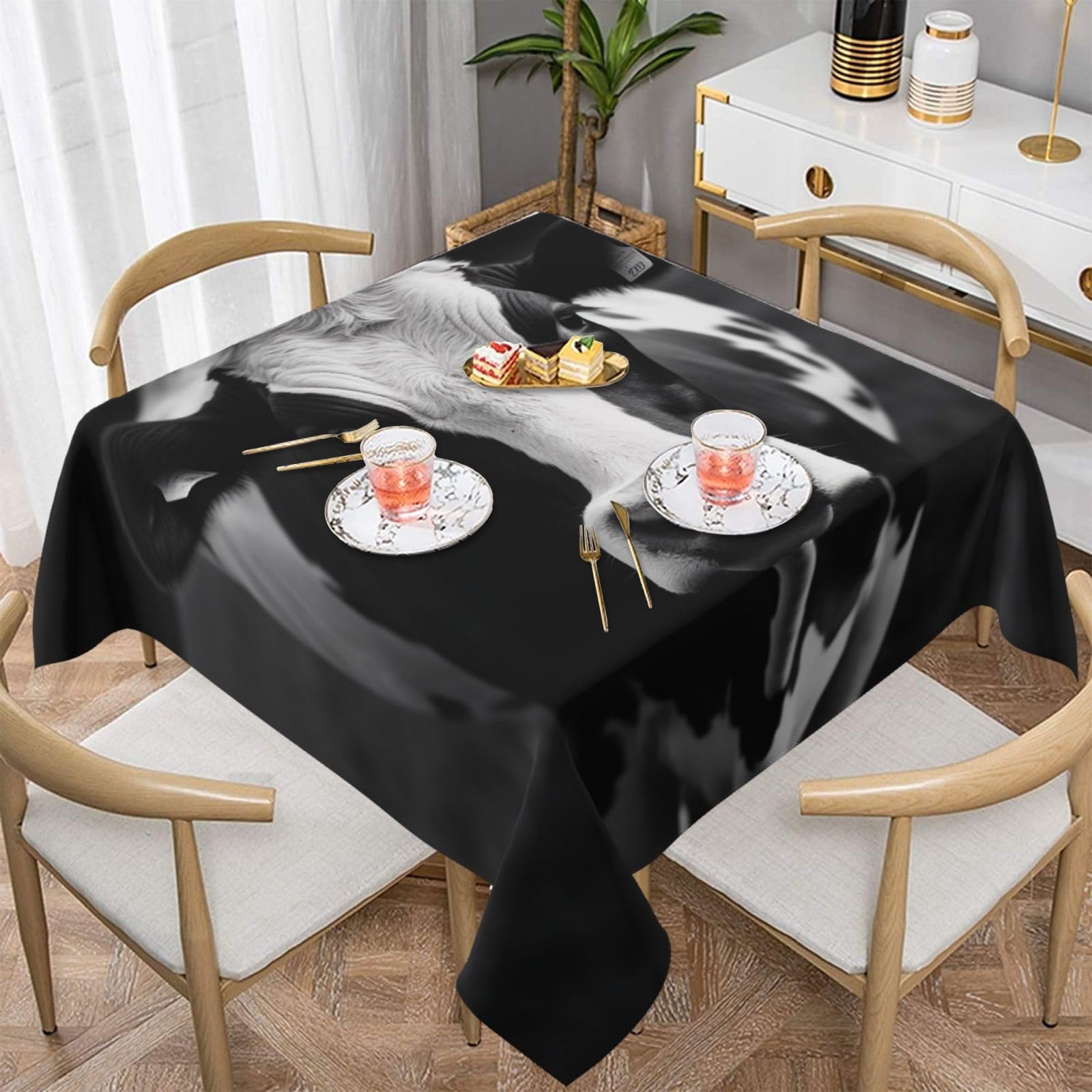 WPKJU Black and White Cow Printed Square Tablecloth 60x60 inch Water Resistant Table Cover Washable Rectangle Table Cloth for Dining Tables