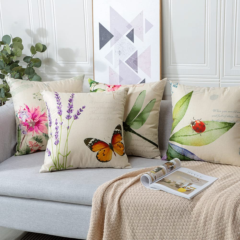 Artscope Extérieur Housse de Coussin, Lot de 4 Imperméable Insectes et Plantes Motif Canapé Taie d'oreiller pour Patio Jardin Salon Chambre Décoration, 45x45cm