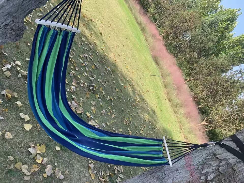 Portable Canvas Hammock, Multi-Color Striped, Indoor Outdoor Hanging Bed with Safety Guard (蓝色)