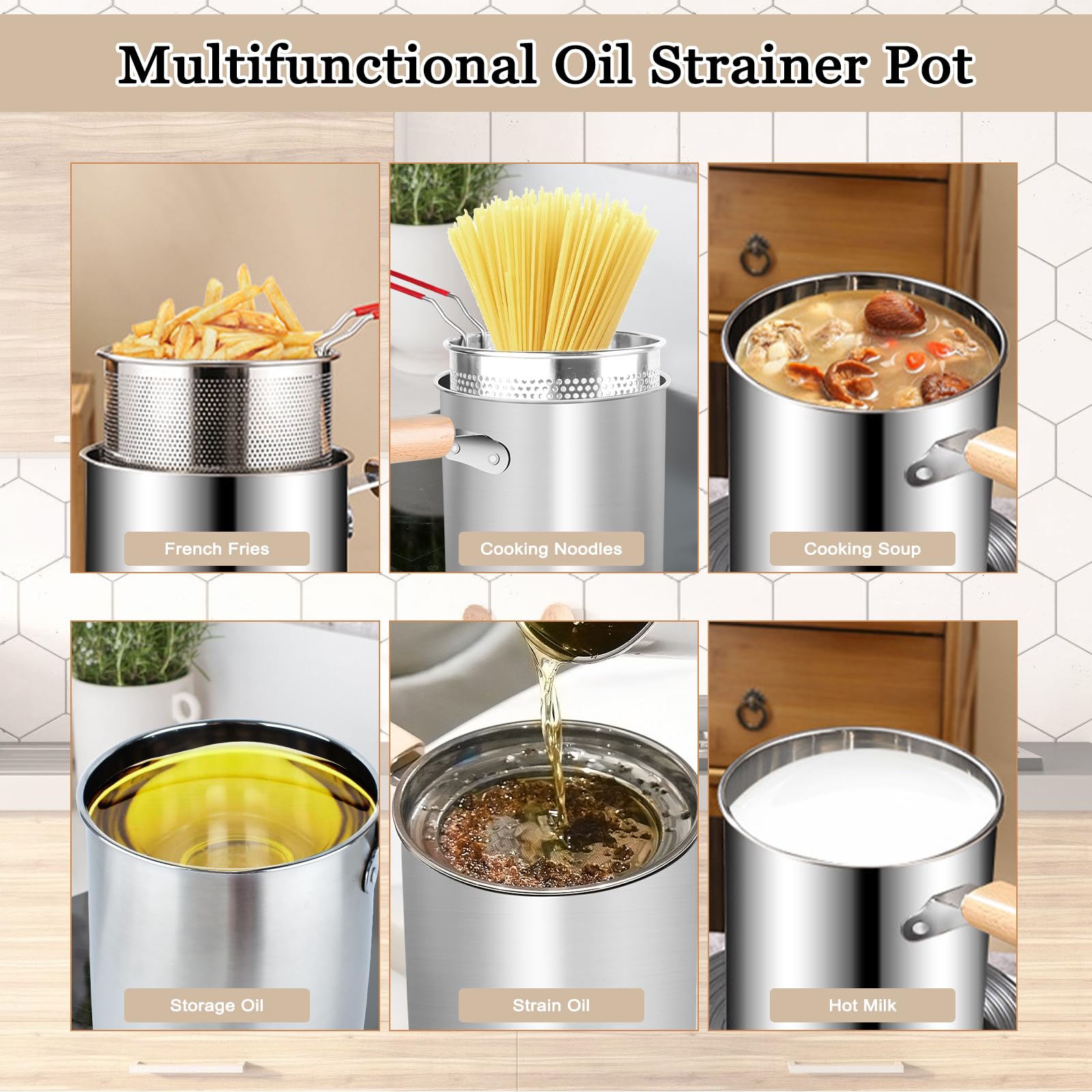 Casseruola per pasta da 3 l, per spaghetti con coperchio a colino, cestino per friggere e pinze per barbecue, in acciaio inox 304, manico anti-scottatura rimovibile, pentola multifunzione per