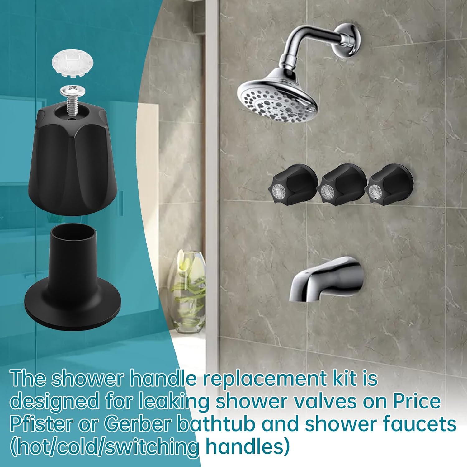 81428 Bathtub and Shower Knobs 3 Piece Replacement Kit for Price Pfister Shower Handle, Compatible with Gerber, Danco Shower Handle Replacement/Restoration, Black