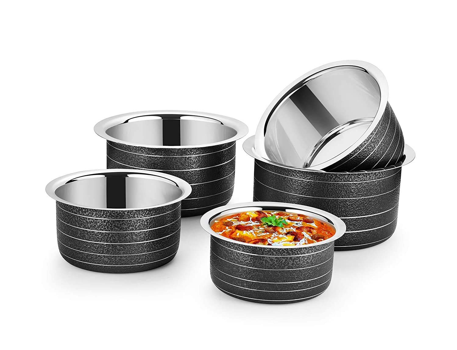 5 Piece Tope Set Stainless Steel Heavy Bottom 5Pc Pcs Patila Set 22 Gauge Heavy Cook and Serve Cookware Sets Pots Container Sets Bowl Sets (Size: 450 ML, 650 ML, 950 ML, 1400 ML, 1900 ML)(Color:Black)