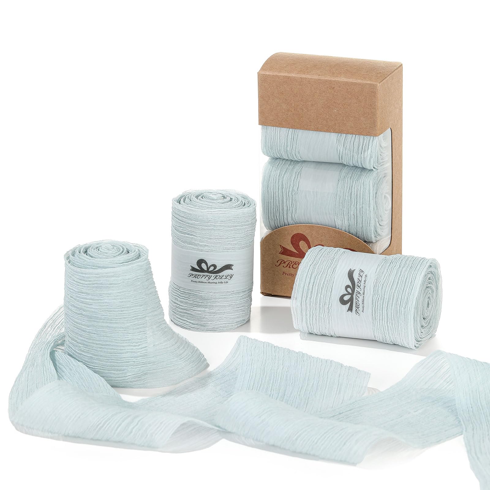 Pretty Jolly 3 Inch Light Blue Silk Chiffon Ribbon for Wedding Special Occasions; 9 Yards, 3 Rolls; Handmade, Crinkle