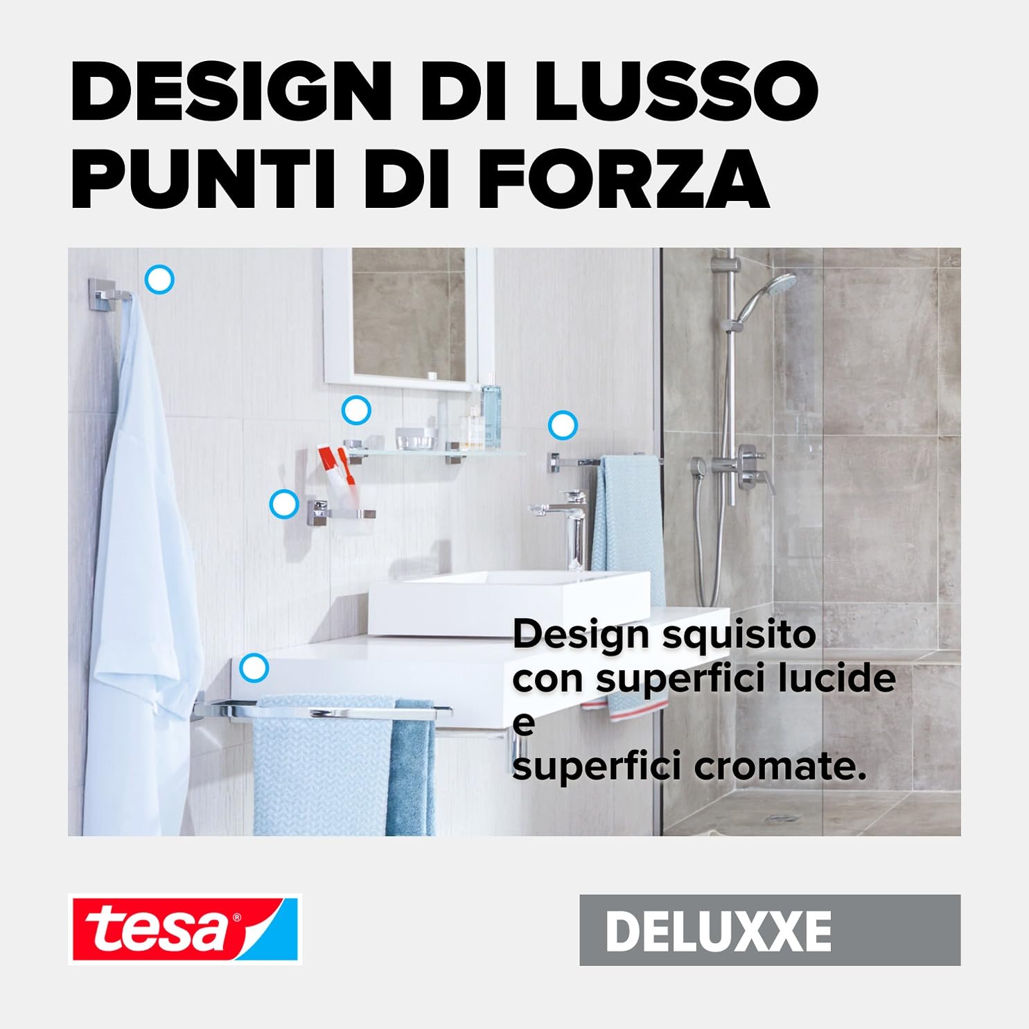 Tesa Deluxxe Portarotoli Carta Igienica con Ripiano, Autoadesivo, Cromato Lucido, Design Raffinato, Inox Assicurato, 99mm x 160mm x 139mm
