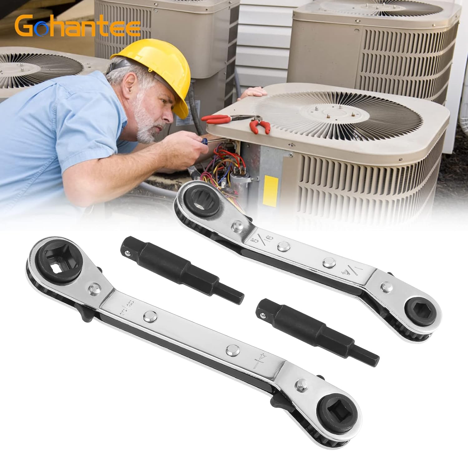 gohantee Hvac Service Wrench Tools Air Conditioner Valve Ratchet Wrench 3/16” to 3/8” 5/16'' x 1/4'' with 2 Hexagon Bit Adapter Kit for Air Refrigeration Tools and Equipment Repair Tools Clearance