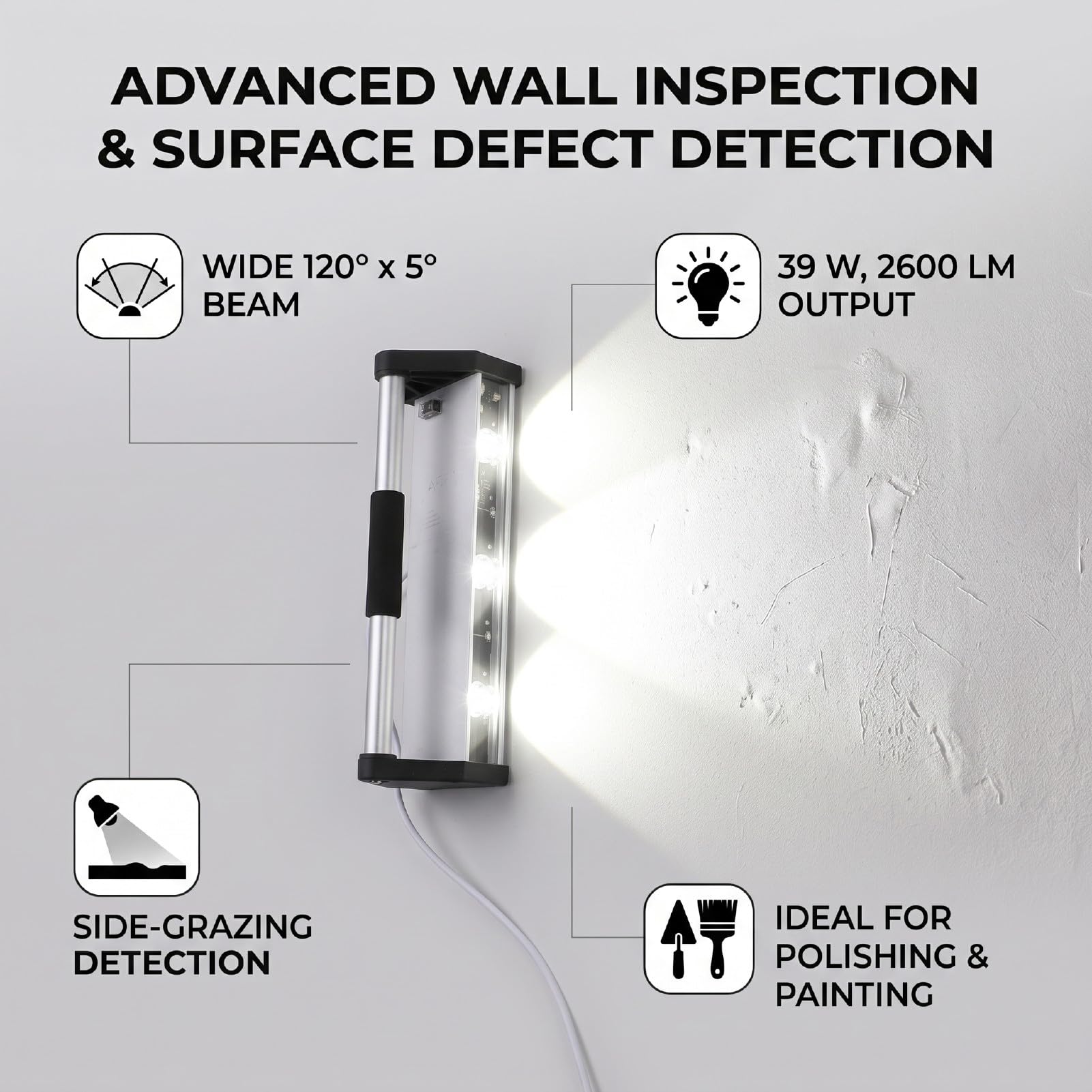 Zunate Luz de Inspección de Pulido de Pared de 2600 Lúmenes, ángulo de Haz de 120 X 5 Grados, Luz Rasante Lateral de 3 LED para Inspección de Pintura de Piso de Azulejos de Pared, Lámpara de