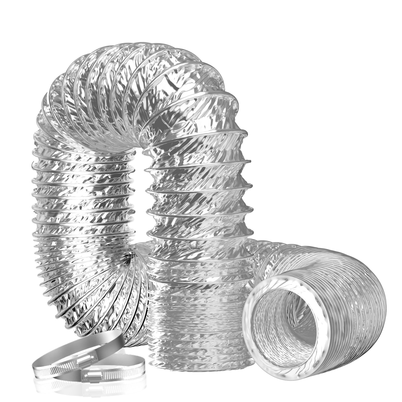 Hon&Guan 100mm / 4 Inch Flexible Aluminium Foil Ventilation Ducting, 5m Vent Hose with 2 Clamps for Tumble Dryer, Grow Tent and Heater