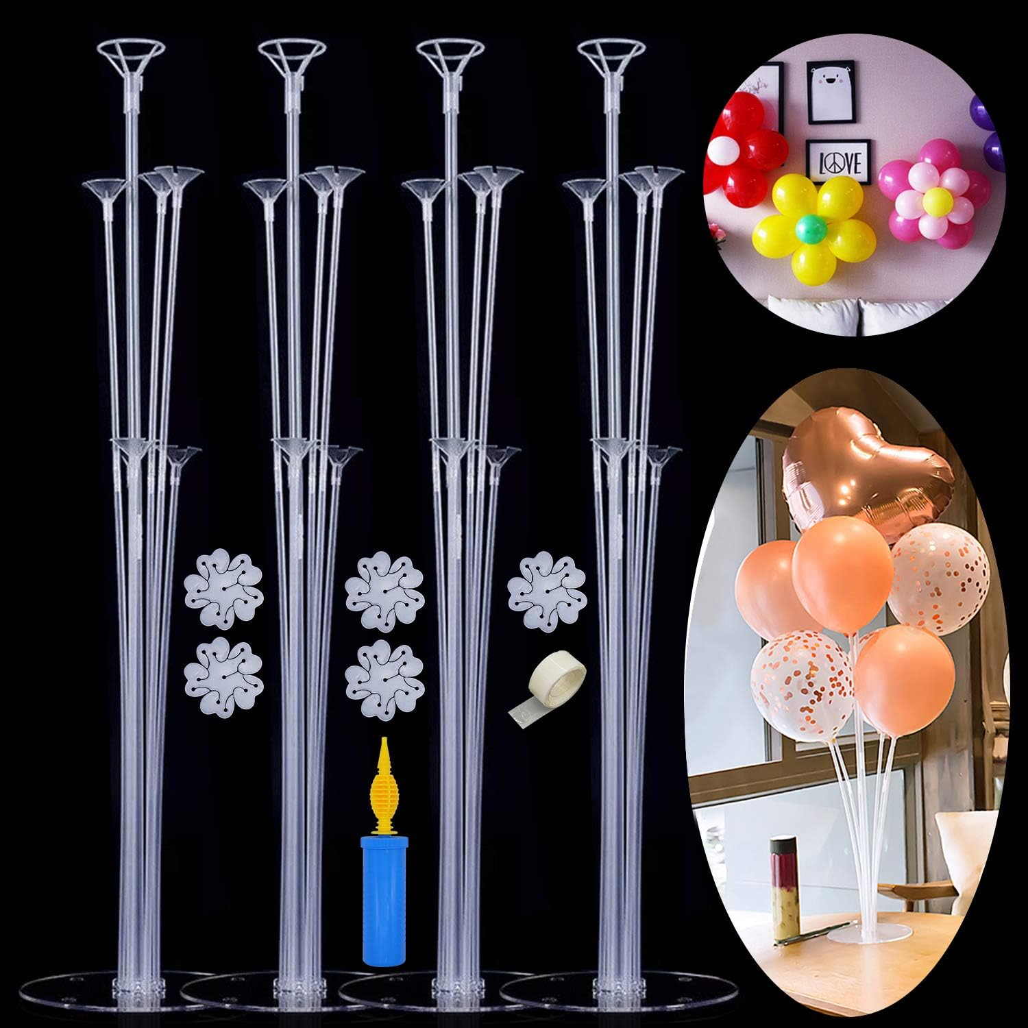 4 Sets of Balloon Table Stand Kit (7 Sticks 7 Cups 1 Base), Reusable Clear Balloon Centerpiece Stand Table Desktop Holder with 1 Pump for Birthday Wedding Party Festival Event Decorations