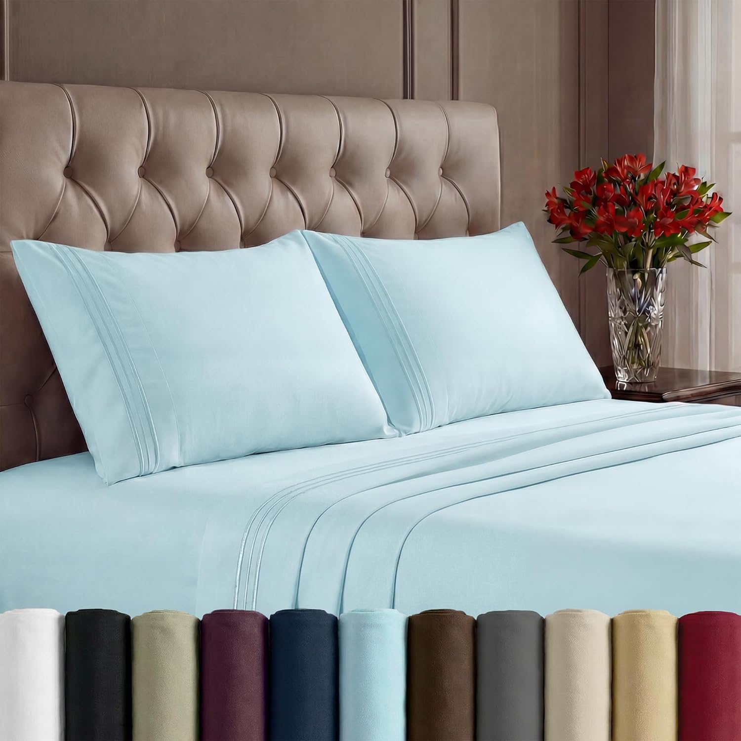 Bed Sheet Sets - Stay fit on Mattress with Elastic Straps at Corners - Twin, Light Blue