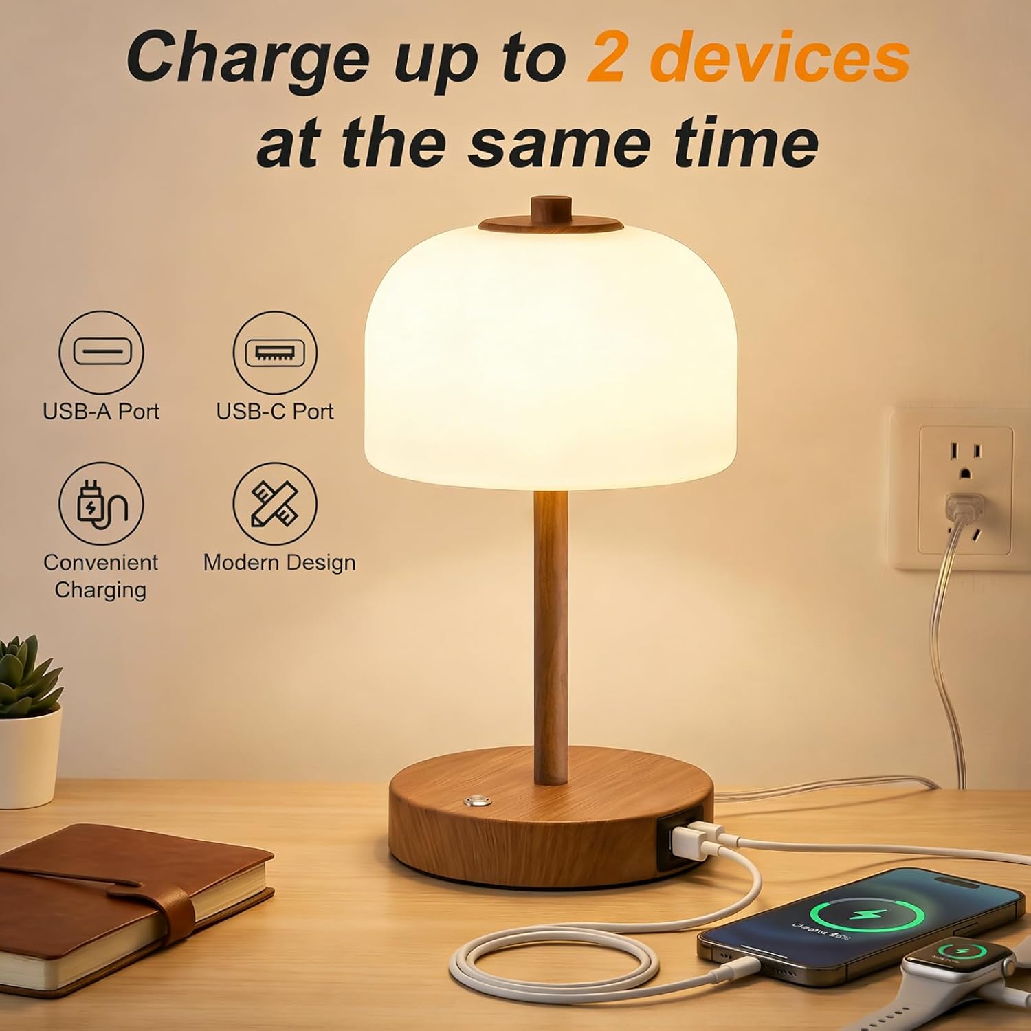 Oneach 9.5" Touch Control Table Lamp with USB A+C Charging Ports, Wood Grain Dimmable LED Bedside Lamp with 3 Color Temperatures, Small Modern Table Lamps for Bedroom Nightstand Living Room