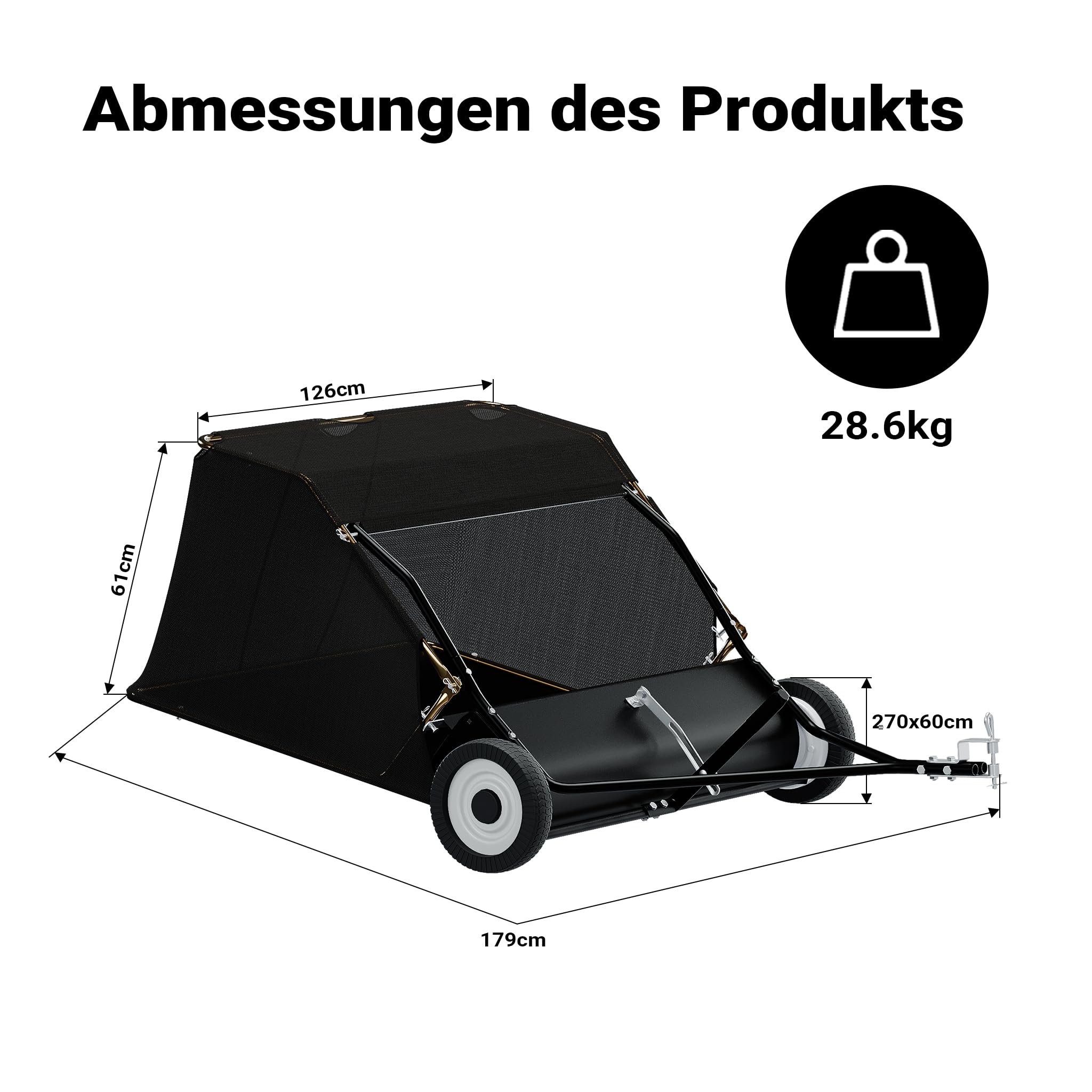Wiltec Rasenkehrmaschine mit 105 cm Kehrbreite, Rasenkehrer für Aufsitzmäher, Laubsammler mit 365 l Auffangnetz Laubkehrmaschine für Rasentraktor