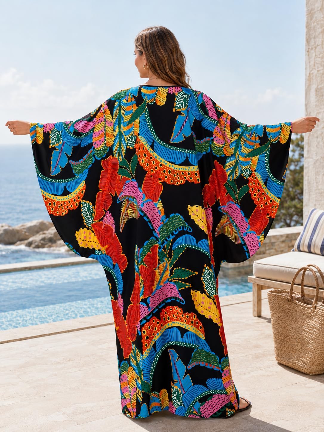 cthseie Caftans for Women Plus Size V-Neck Batwing Sleeve Kaftan Dress for Beach Swimwear Cover-Up Loungewear Mumu Dresses