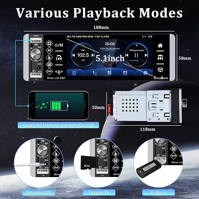 CAMECHO Autórádió 1 DIN CarPlay Android 5,1" Érintőképernyő Bluetooth Kihangosító FM USB TF AUX Tolatókamerával