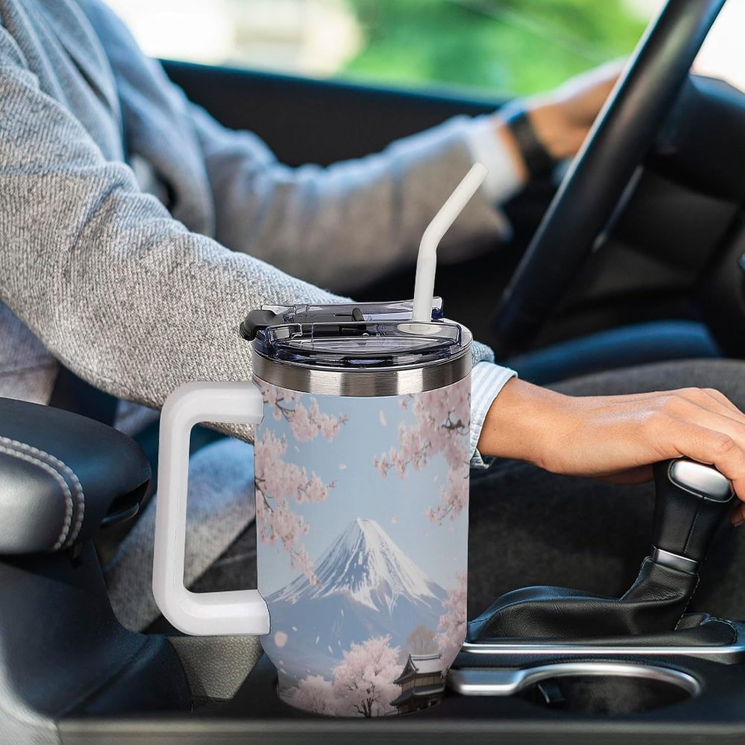 Travel Coffee Mug 40OZ Thermo Cups Thermos Cup Drink Cups Mt. Fuji Cherry Blossoms Thermos with Cup with Handle Lid And Straw Suitable for Gifts Parties Offices Traveling