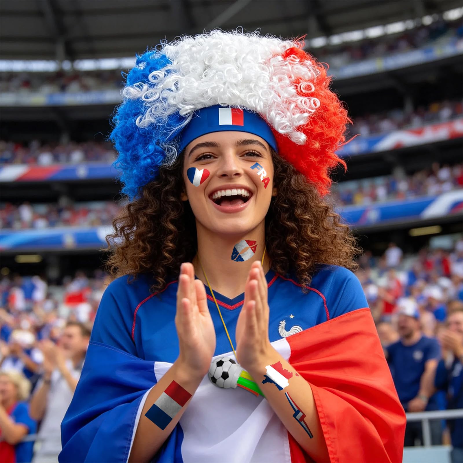 2026 Soccer Fan Gear Set – France Flag Clown Wig, Temporary Tattoos & Loud Horn – Cheer Accessories for International Football Matches, Stadium Parties & Global Tournament Celebrations — view 5