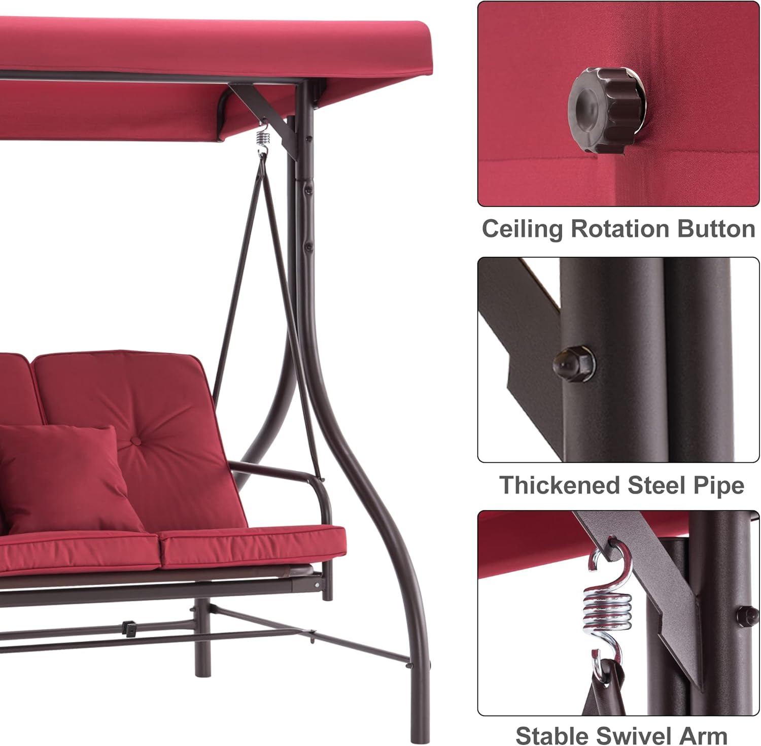 Diagram showing the 2-in-1 reclining backrest feature with three steps: pulling a buckle, putting down the backrest frame, and fixing it to the lower buckle position.