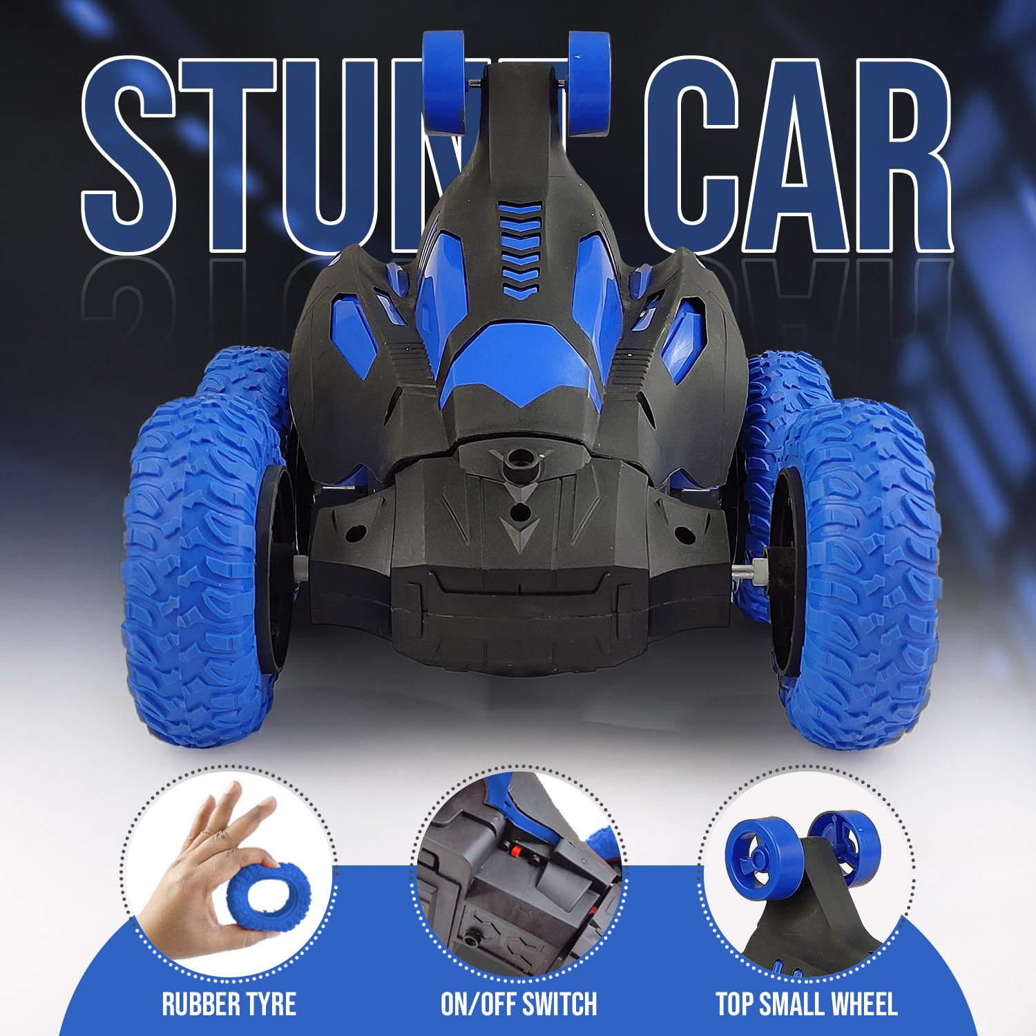 NHR RC Stunt Car for Kids – 360° Rotating Remote Control Car with High-Grip Rubber Tyres, Top Small Auxiliary Wheels & USB Rechargeable Battery – Off-Road Toy Car Gift for Boys & Girls (Blue/Black) 3