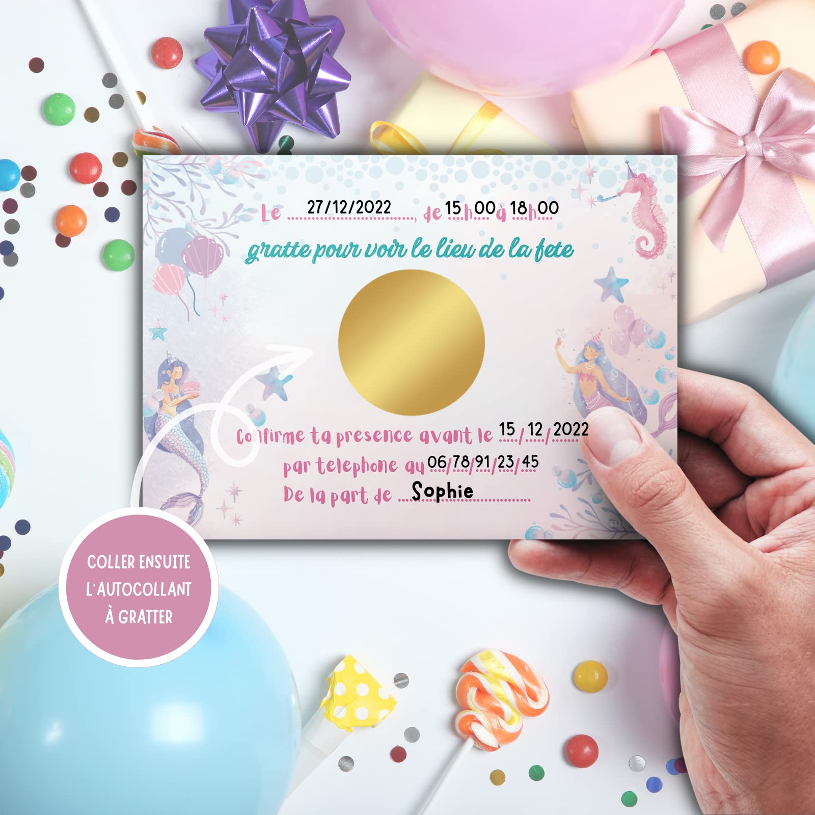 Kit Cartes Invitation Anniversaire à Gratter RXLITE Thème Sirène - 10 Cartes + Enveloppes + Stickers Dorés - Français