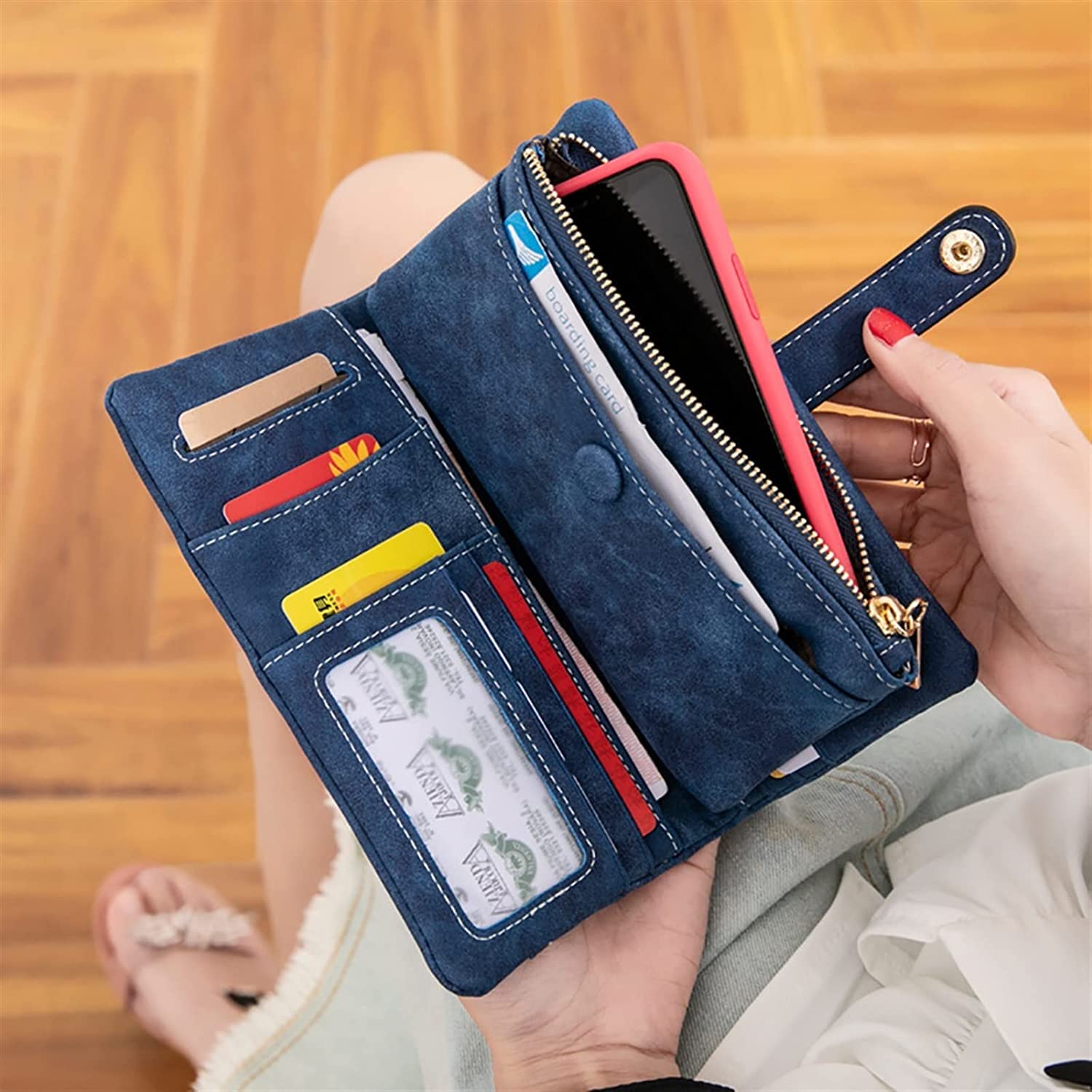 portfel， Portfel damski długi, matowy, skórzany, portfele na telefon, kopertówki, damskie, etui karty(Coffee)