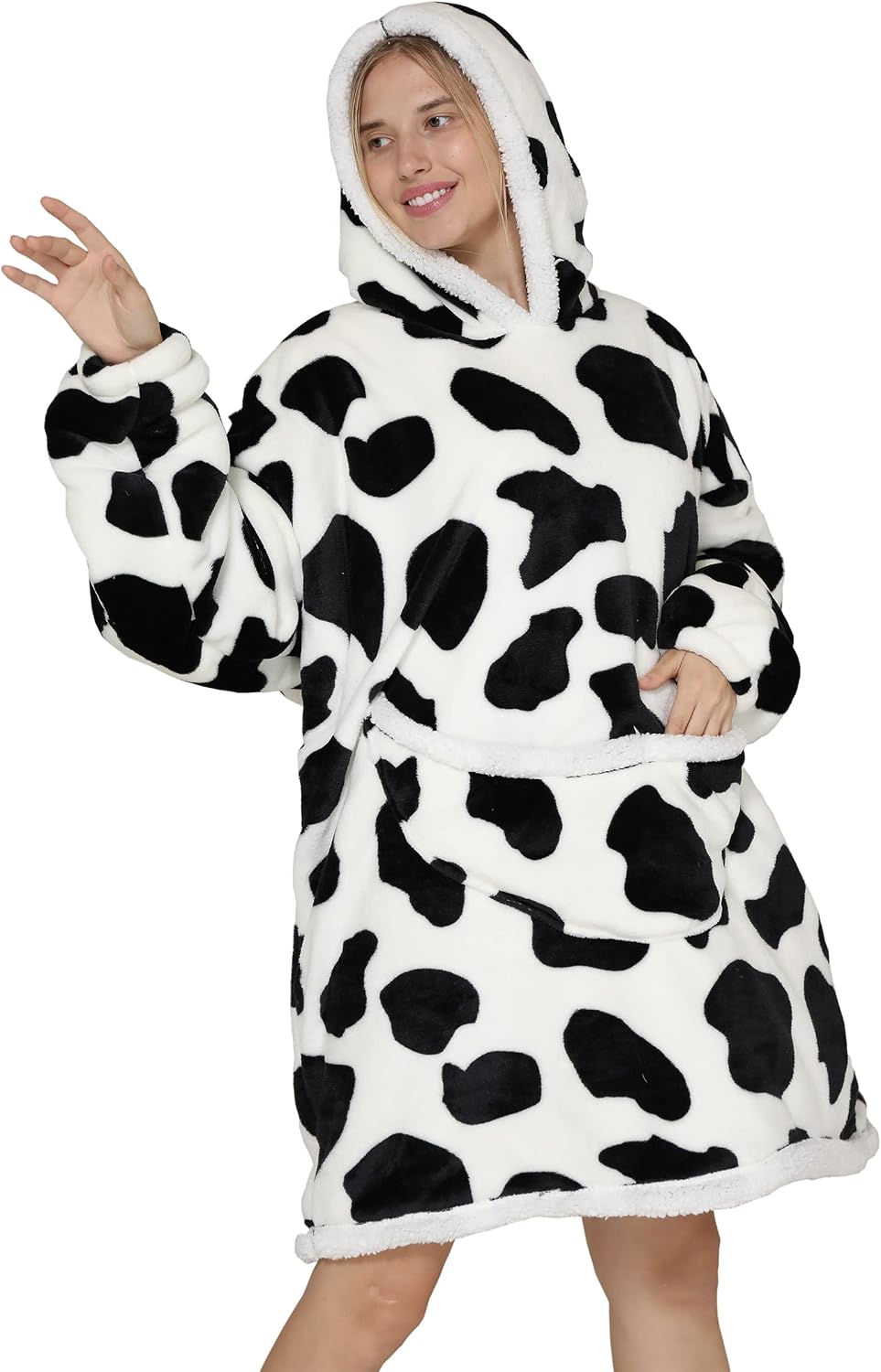 Oversized Hoodie Blanket Sweatshirt,Wearable Blanket for Adult Women Men Soft Warm Comfortable Sherpa TV-Blanket,Cow