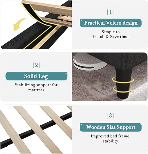 Miniatura 7 de HOOMIC Base de cama clásica tamaño Queen con cabecera copetuda con botones y respaldo de alas, cama de plataforma tapizada con fuerte soporte de