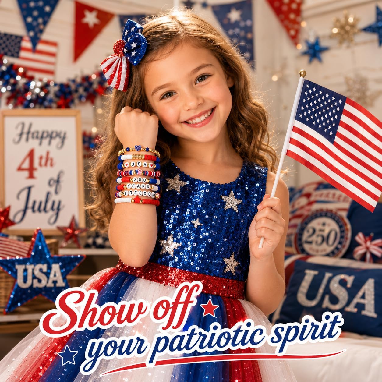 Mysense 250 Anniversary USA Merchandise, 4th of July Accessories, 8 Pack Patriotic Red White & Blue Bracelets, Matching Shirt & 4th of July Outfits for Women, Perfect Independence Day Gifts
