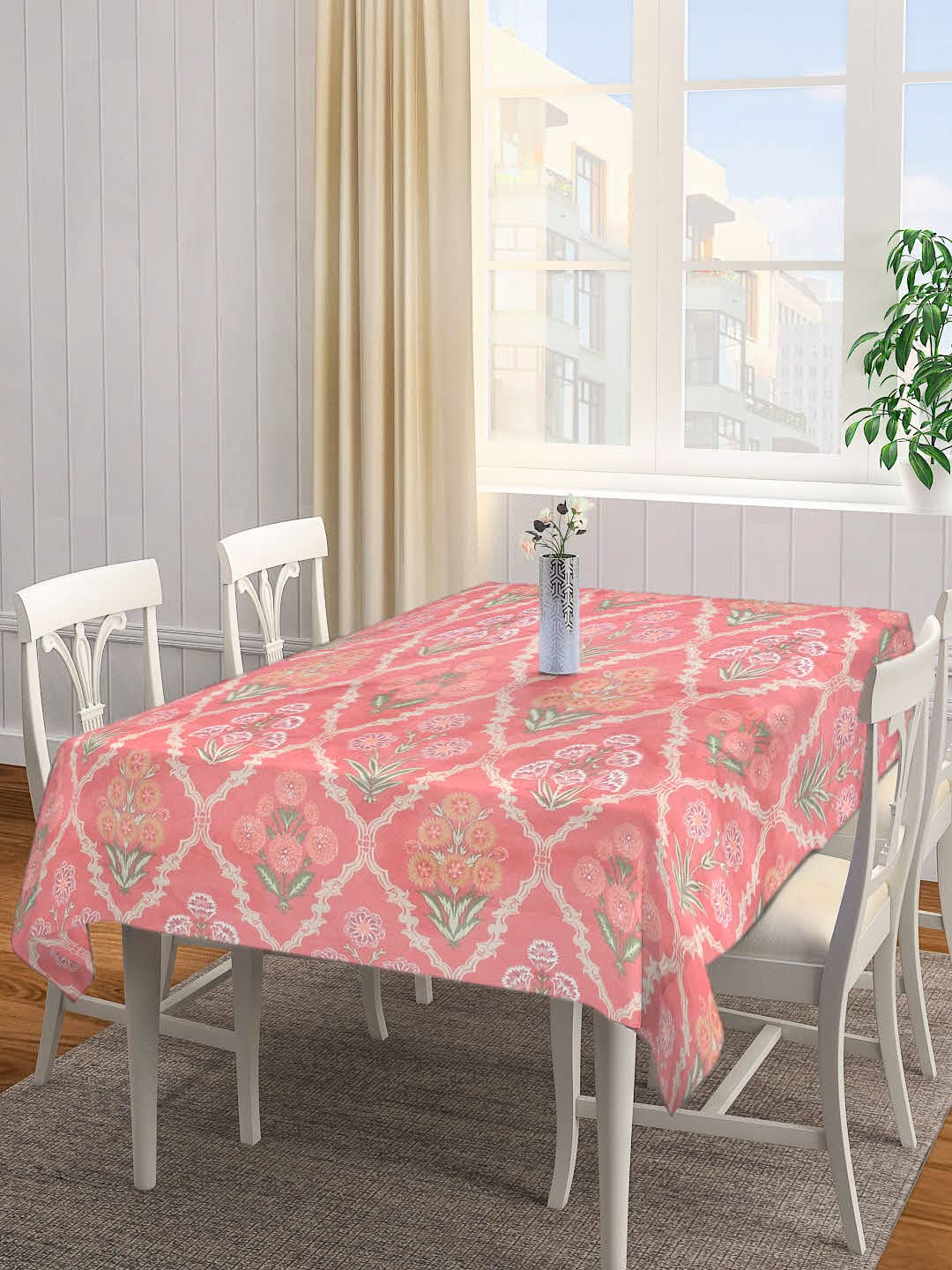 Arrabi Peach Floral Cotton Blend 6 Seater Table Cover | ARTC-1235-Peach