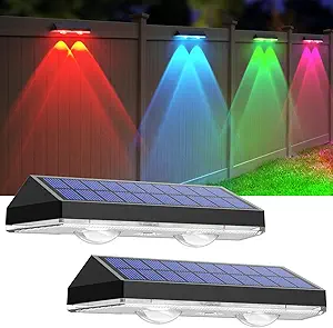 Solar Fence Lights Outdoor, 2PK RGB Solar Lights for Outside Backyard, Patio, Deck Fence, Stair Handrail, Pool and Wall