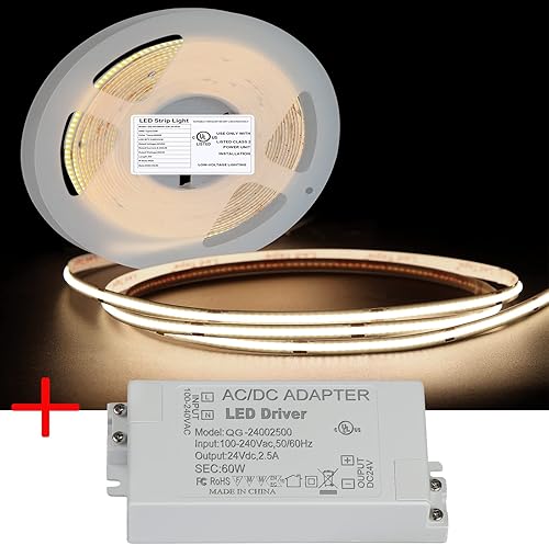 Tira de luz LED COB con certificación UL de 4000 K, 16.4 ft16.4 pies CC 24 V, tira de luces LED, luz de cinta COB regulable de alto lumen, CRI 85+