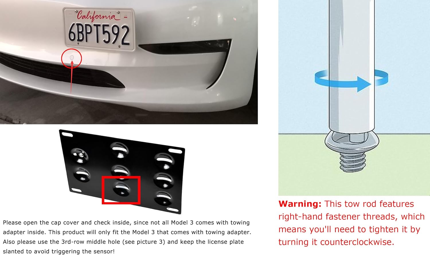 iJDMTOY No Drill Front Bumper Tow Hook License Plate Mounting Bracket Adapter Kit Compatible with 2017-2023 Tesla Model 3