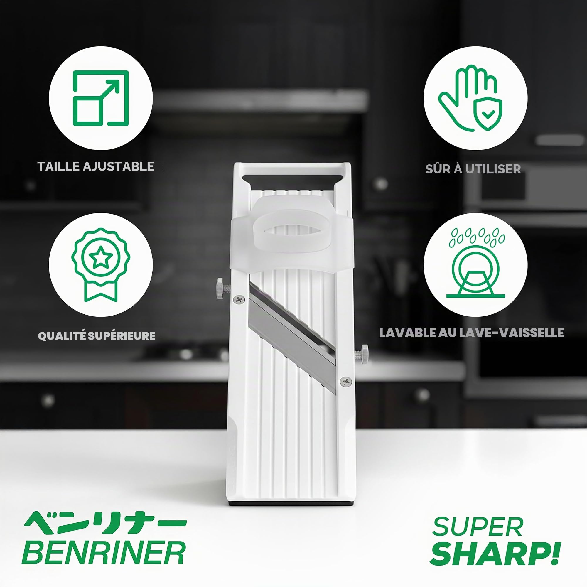 Benriner BN-64W-1 Mandoline, Blanc | 3 lames inox interchangeables pour trancher, râper et couper en julienne avec protection de sécurité