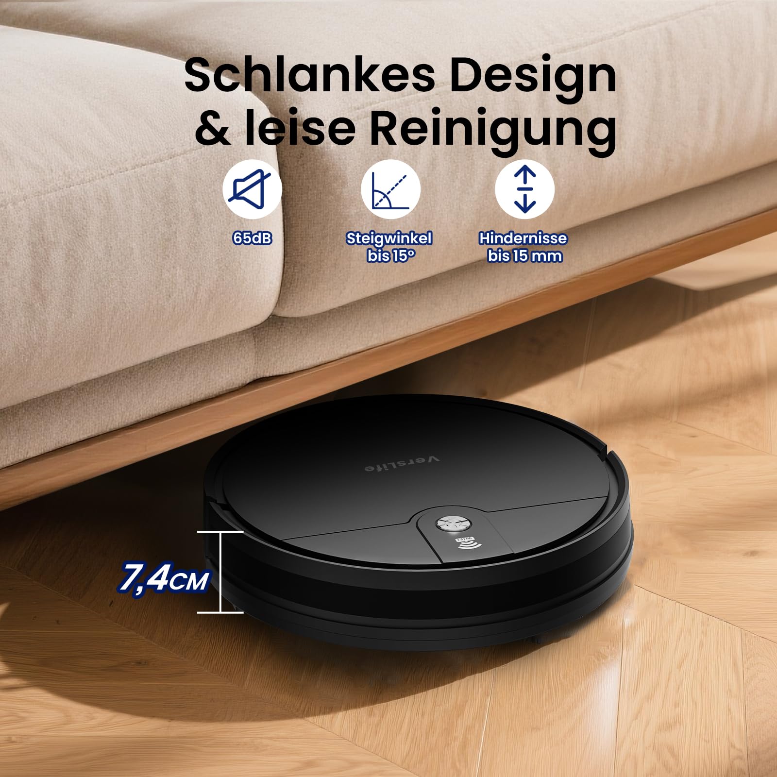 VersLife L6 Saugroboter mit Wischfunktion, 4000Pa Staubsauger Roboter | App Steuerung, Alexa, 120 Mins MAX, Ultraflaches Design, Saug und Wischroboter für Tierhaare, Teppiche und Hartboden