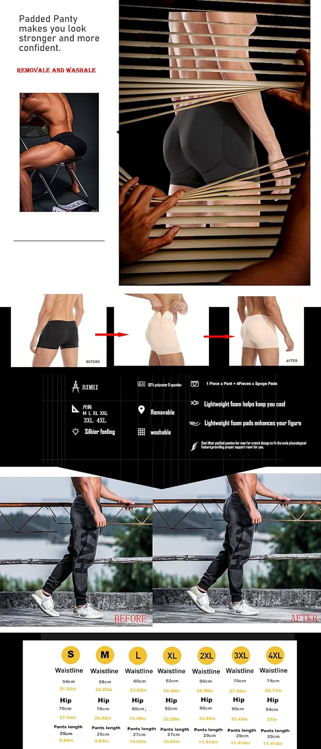BIMEI Men 4PS Padded Underwear Briefs Boxers,Butt Lifting Panties Man Sponge Butt Hip Enhancer Shaper Underwear