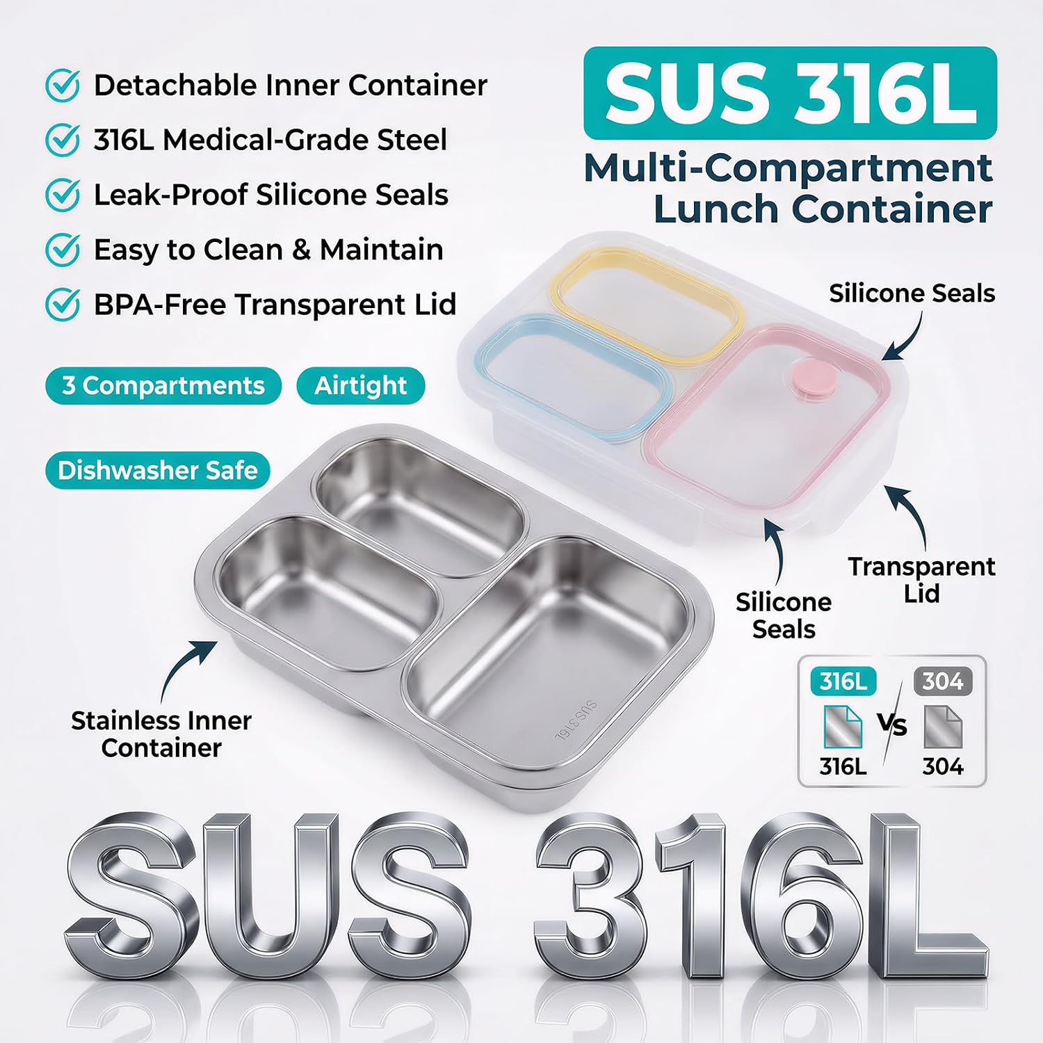 316 Stainless Steel Bento Box for Kids,Snack Box,3 Compartments Reusable on and go lunch Box kids with Lids, Durable for On-the-Go Meal,BPA-Free and Food-Safe Materialsfor School Camping Travel
