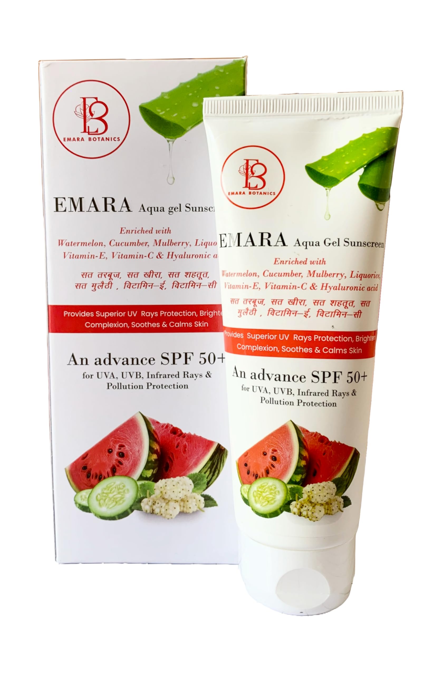 EMARA Aqua Gel Sunscreen SPF 50+, Watermelon and Cucumber, with Vitamins and Hyaluronic Acid