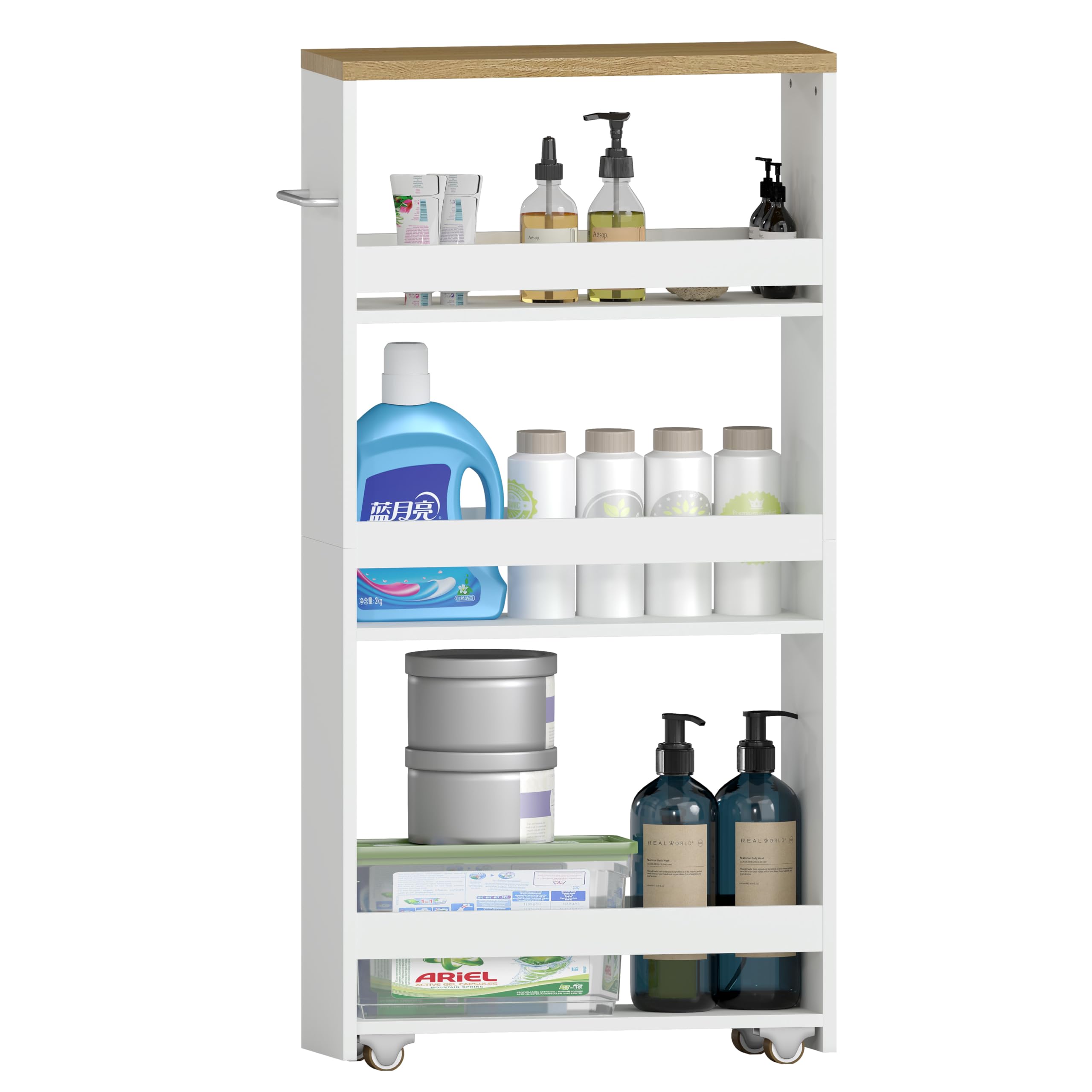 Carrello Salvaspazio Bagno Con Ruote Portatutto, Mobile Bagno Salvaspazio con spazio di stoccaggio a tre piani, Porta Detersivi bianco (40x14x80 cm)