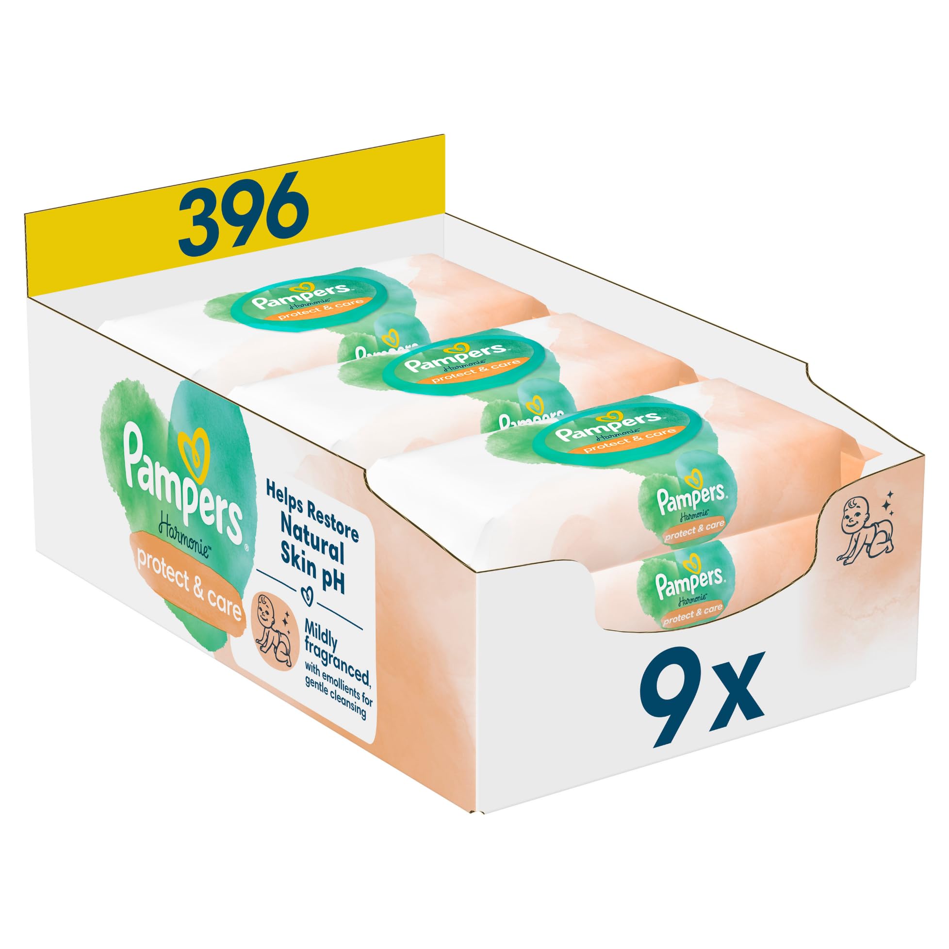 Pampers Harmonie Protect & Care Feuchttücher 9 Packungen mit jeweils 44 Feuchttüchern = 396 Feuchttücher, die helfen, den natürlichen pH-Wert der Haut wiederherzustellen
