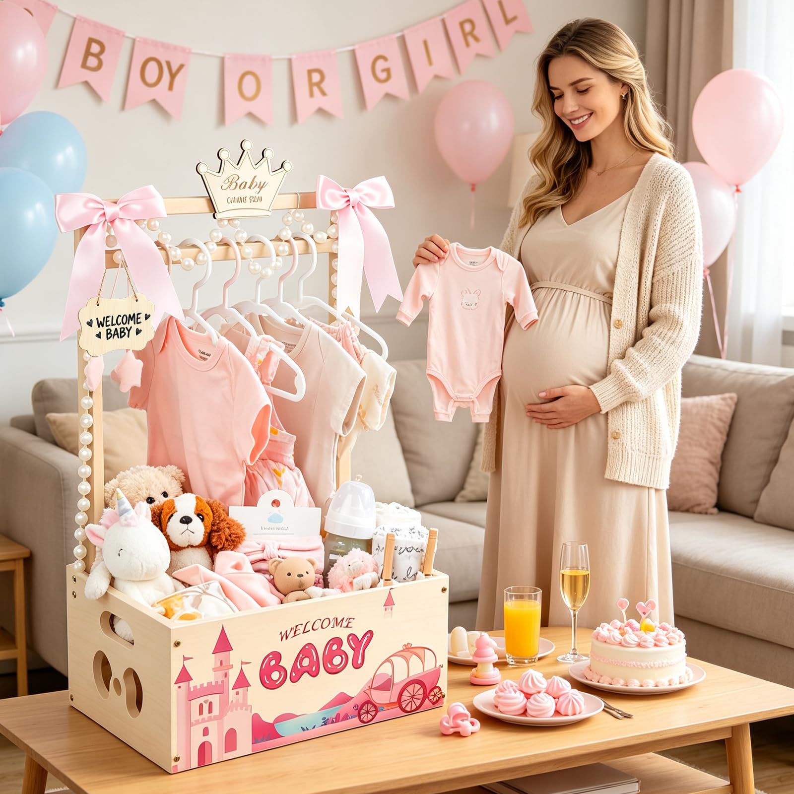 Armario de madera para baby shower, armario de madera para baby shower con asa y decoración, cesta personalizada para baby shower, cesta de baby shower de fácil montaje para fiesta de bienvenida de